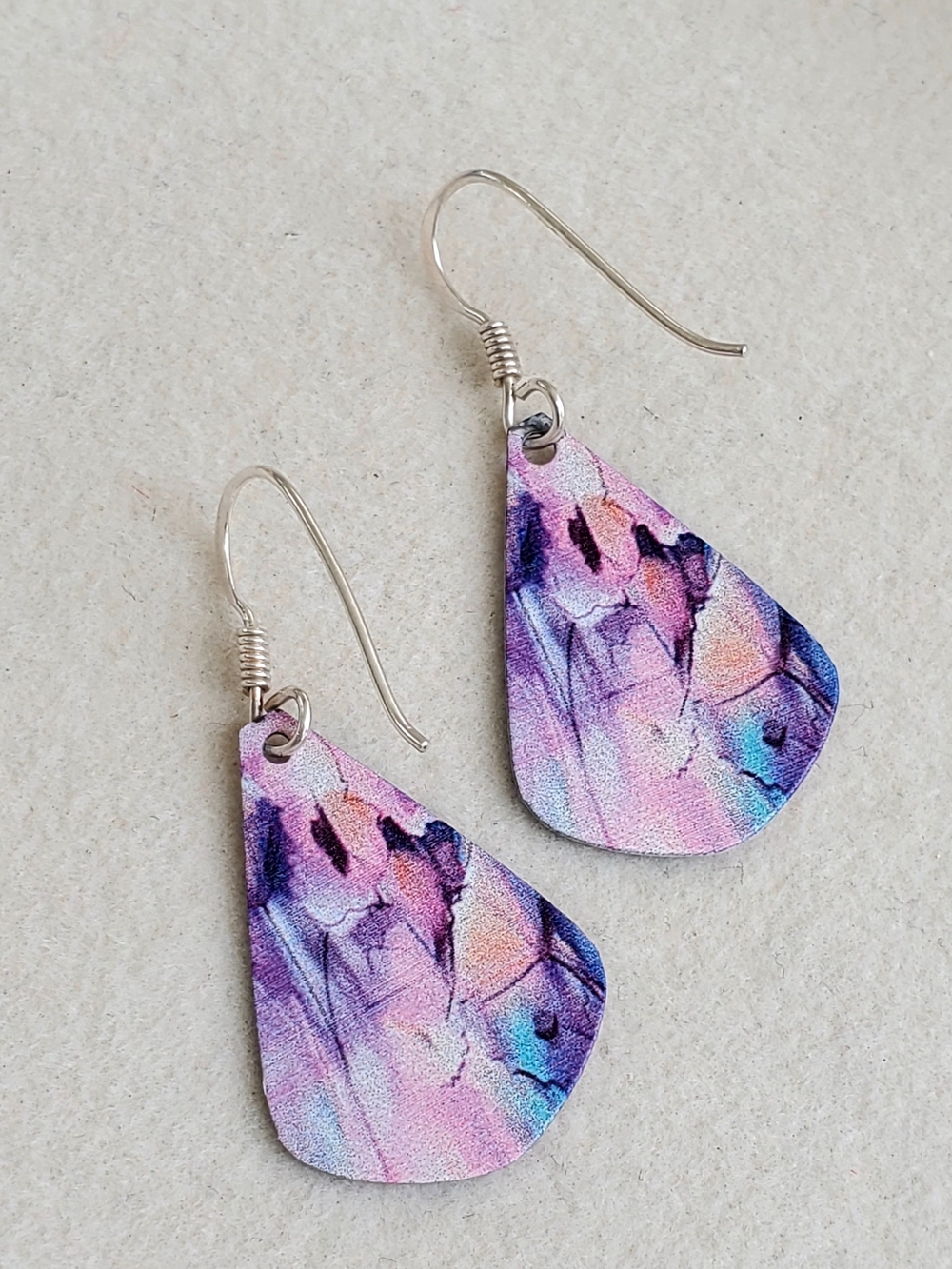 Pink & Purple Abstract Teardrop Dangle Earrings — Sterling Silver Hooks